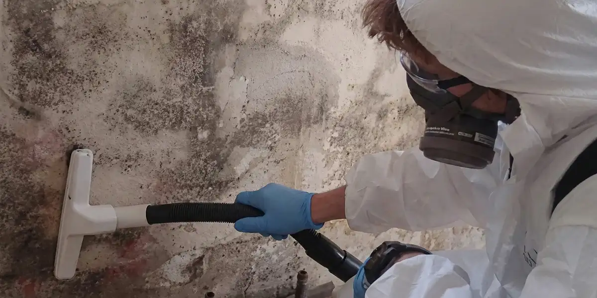 professional mold removal technician wearing protective equipment removing mold from a wall in San Antonio, TX